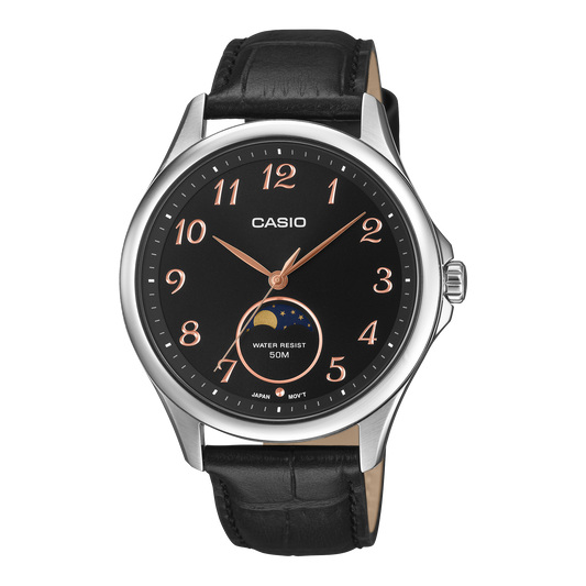 CASIO MTP-M110L-1AVER originale – vista frontale orologio (acciaio, cinturino pelle nera, fase lunare)