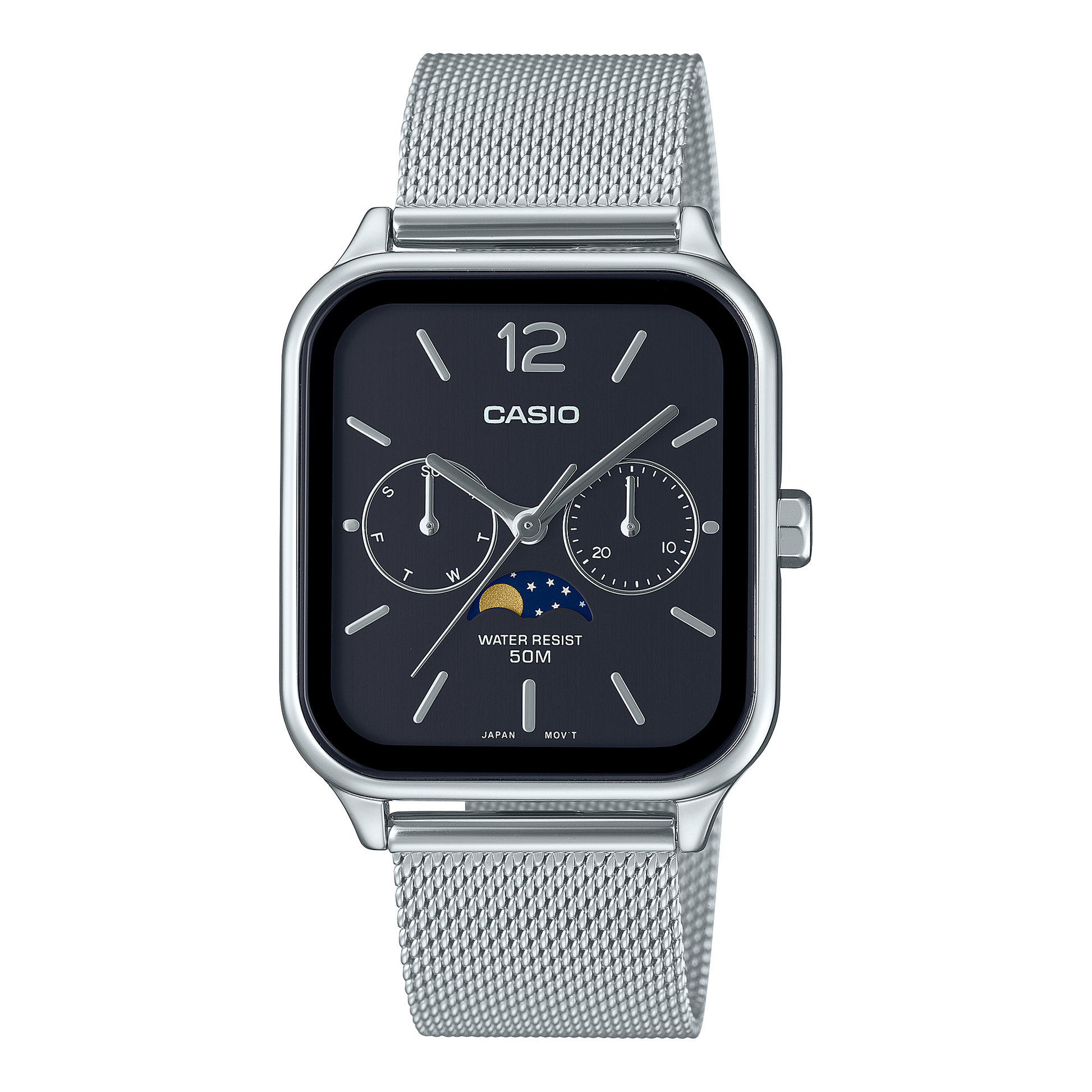 CASIO MTP-M305M-1AVER originale – vista frontale orologio (acciaio, quadrante nero, fase lunare, bracciale mesh)