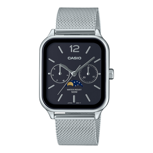 CASIO MTP-M305M-1AVER originale – vista frontale orologio (acciaio, quadrante nero, fase lunare, bracciale mesh)