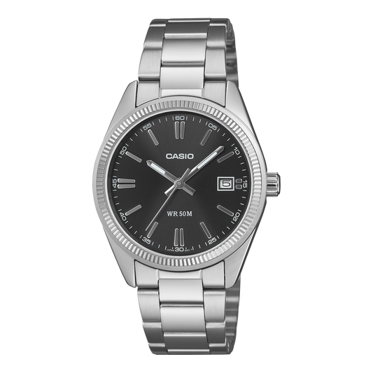CASIO UTP-1302PD-1AVEF originale – vista frontale orologio unisex (acciaio, quadrante nero, datario)