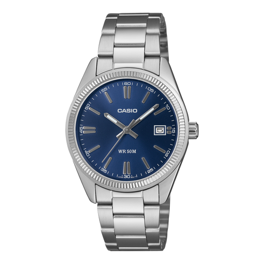 CASIO UTP-1302PD-2A1VEF originale – vista frontale orologio unisex (acciaio, quadrante blu scuro, datario)