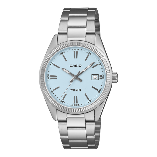CASIO UTP-1302PD-2A2VEF originale – vista frontale orologio unisex (acciaio, quadrante azzurro, datario)