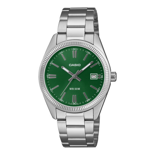 CASIO UTP-1302PD-3A1VEF originale – vista frontale orologio unisex (acciaio, quadrante verde scuro, datario)