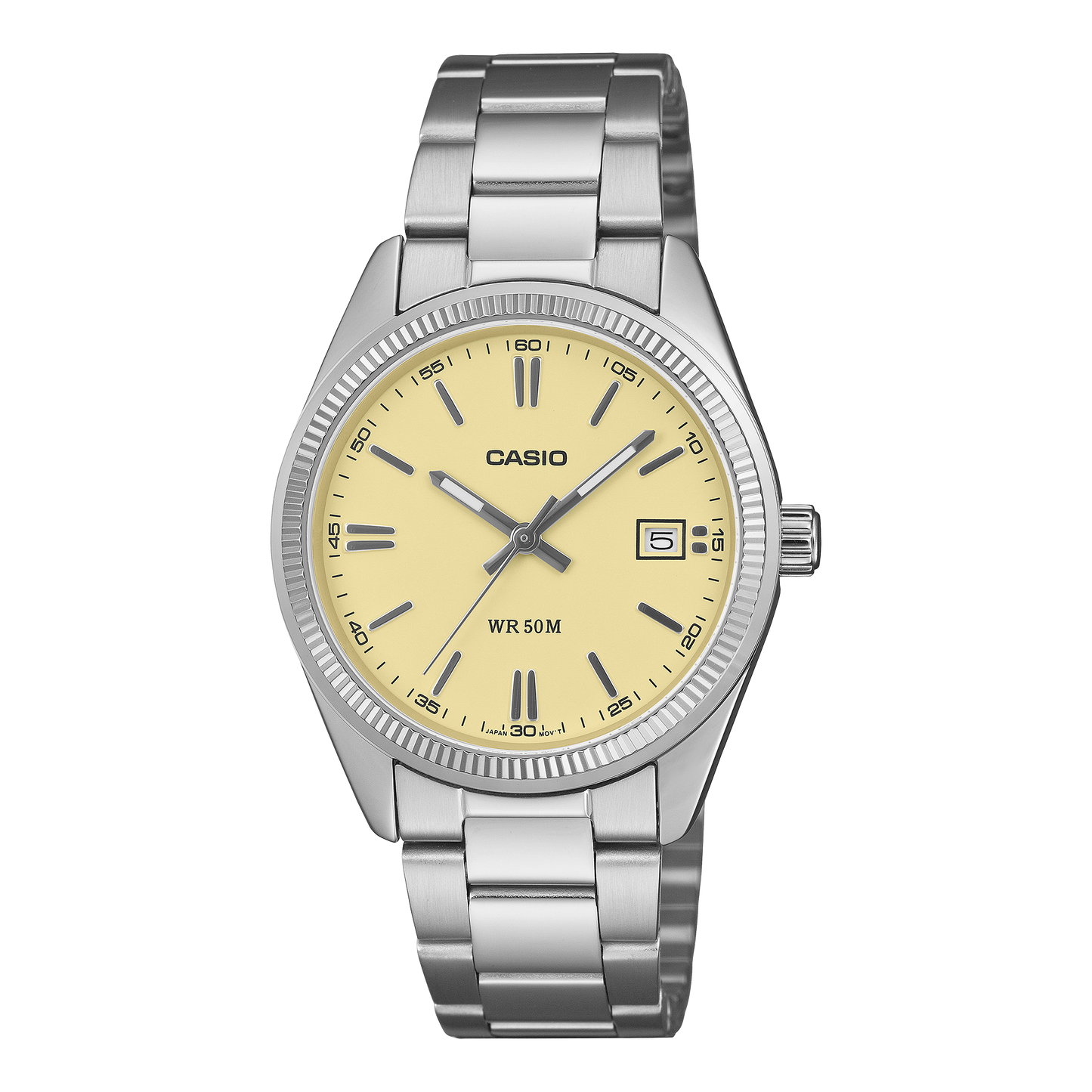 CASIO UTP-1302PD-9AVEF originale – vista frontale orologio unisex (acciaio, quadrante giallo chiaro, datario)