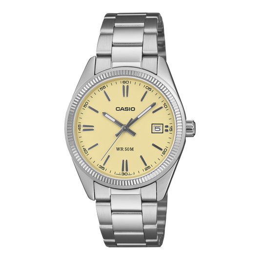 CASIO UTP-1302PD-9AVEF originale – vista frontale orologio unisex (acciaio, quadrante giallo chiaro, datario)