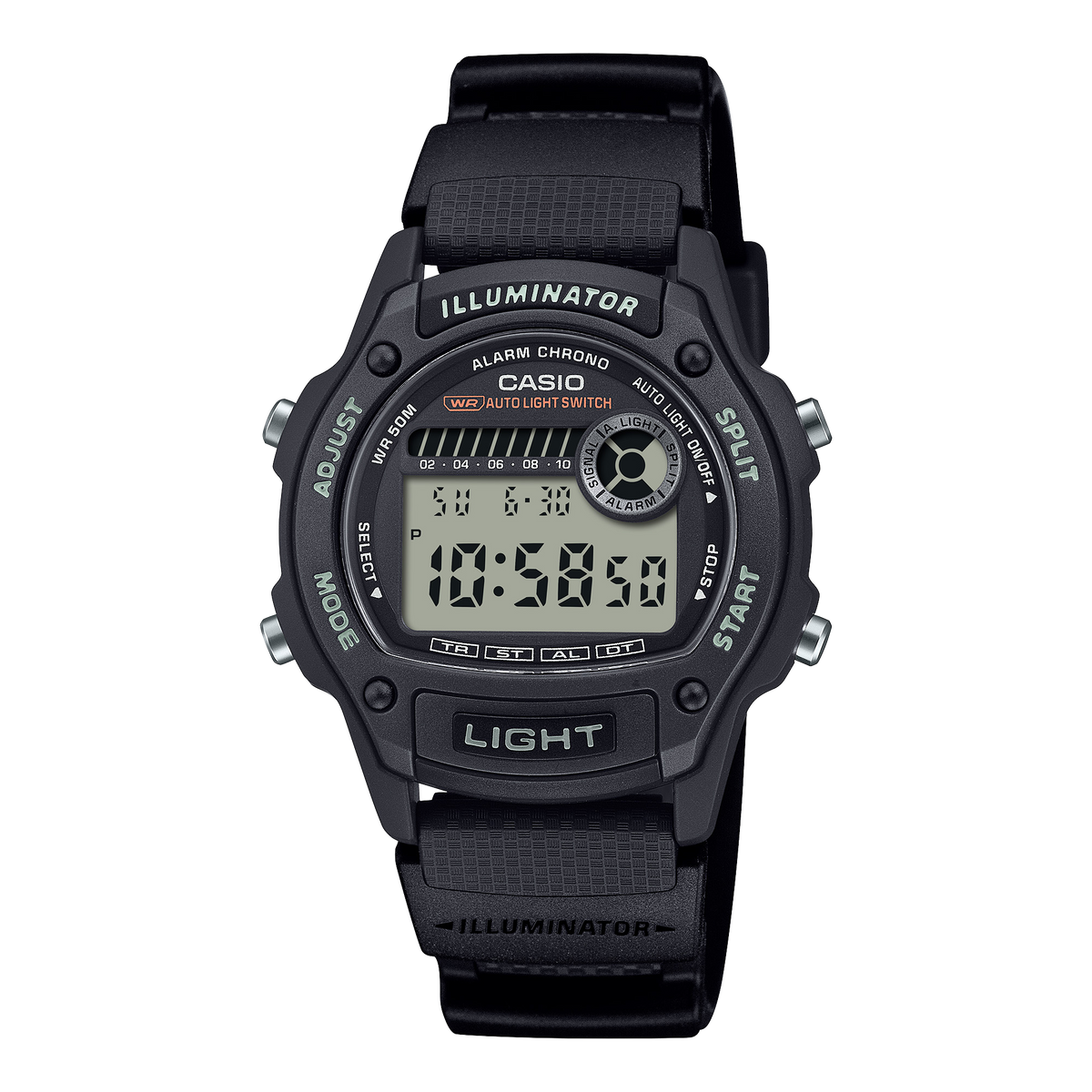 CASIO W-220H-1AVEF originale – vista frontale orologio digitale (nero, cinturino resina bio-based)