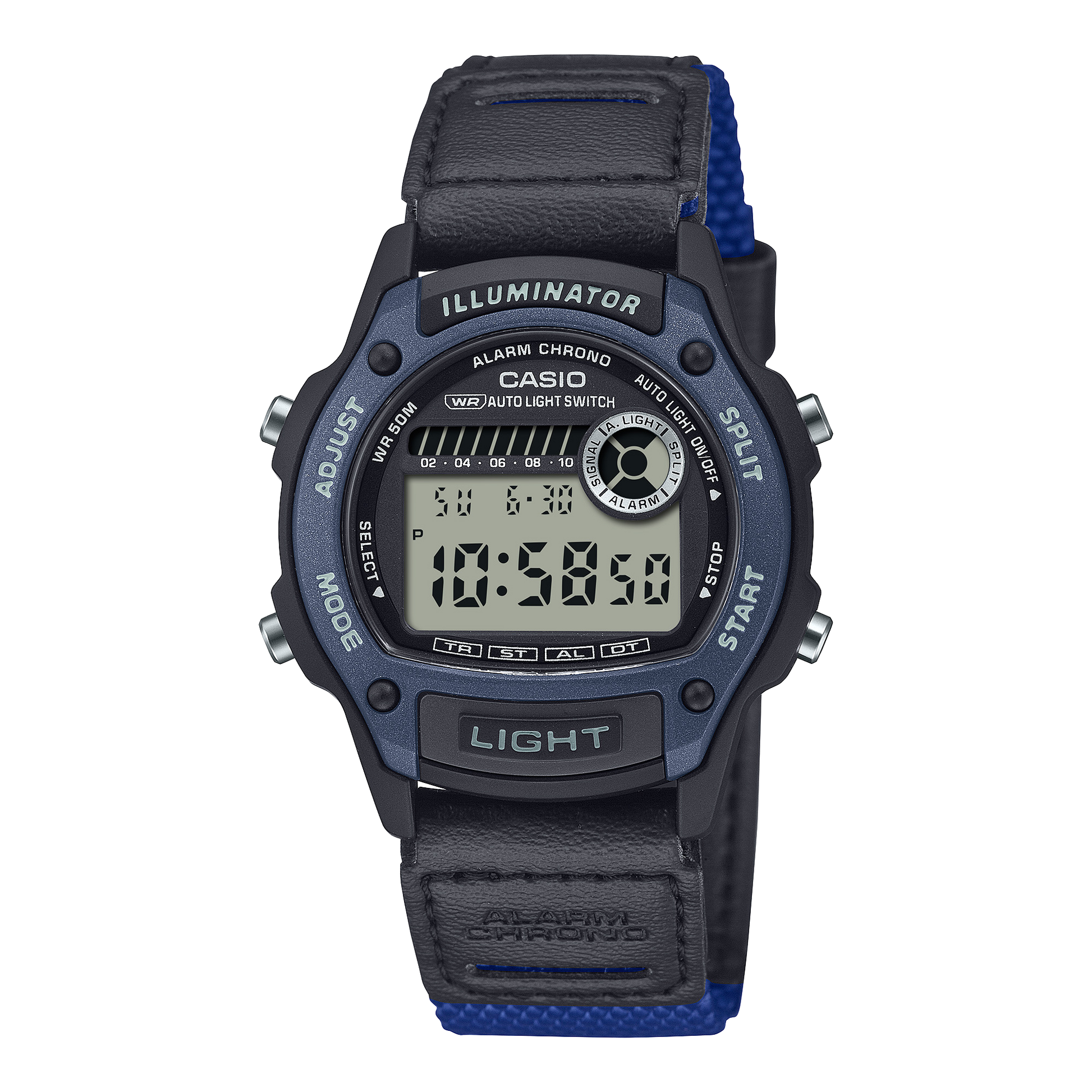CASIO W-220HF-2AVEF originale – vista frontale orologio digitale (nero/blu, cinturino pelle e tessuto)