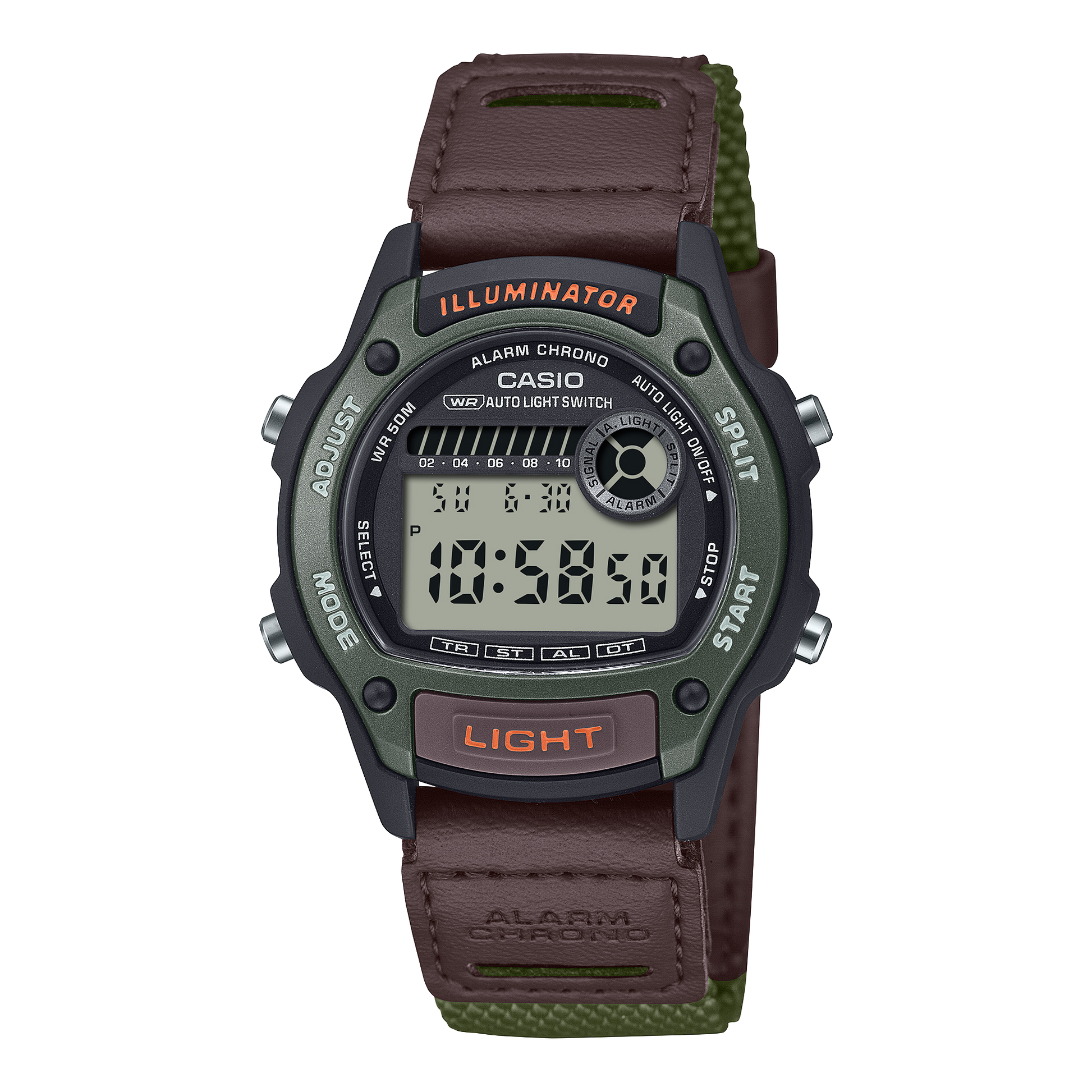 CASIO W-220HF-3AVEF originale – vista frontale orologio digitale (marrone/verde, cinturino pelle e tessuto)