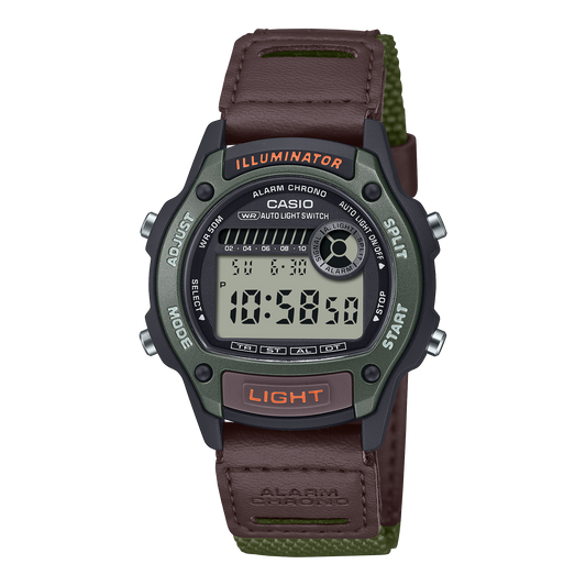 CASIO W-220HF-3AVEF originale – vista frontale orologio digitale (marrone/verde, cinturino pelle e tessuto)