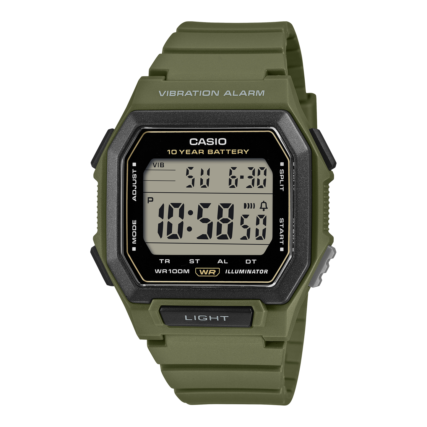CASIO W-738H-3AVEF originale – vista frontale orologio digitale (verde oliva, cassa quadrata)