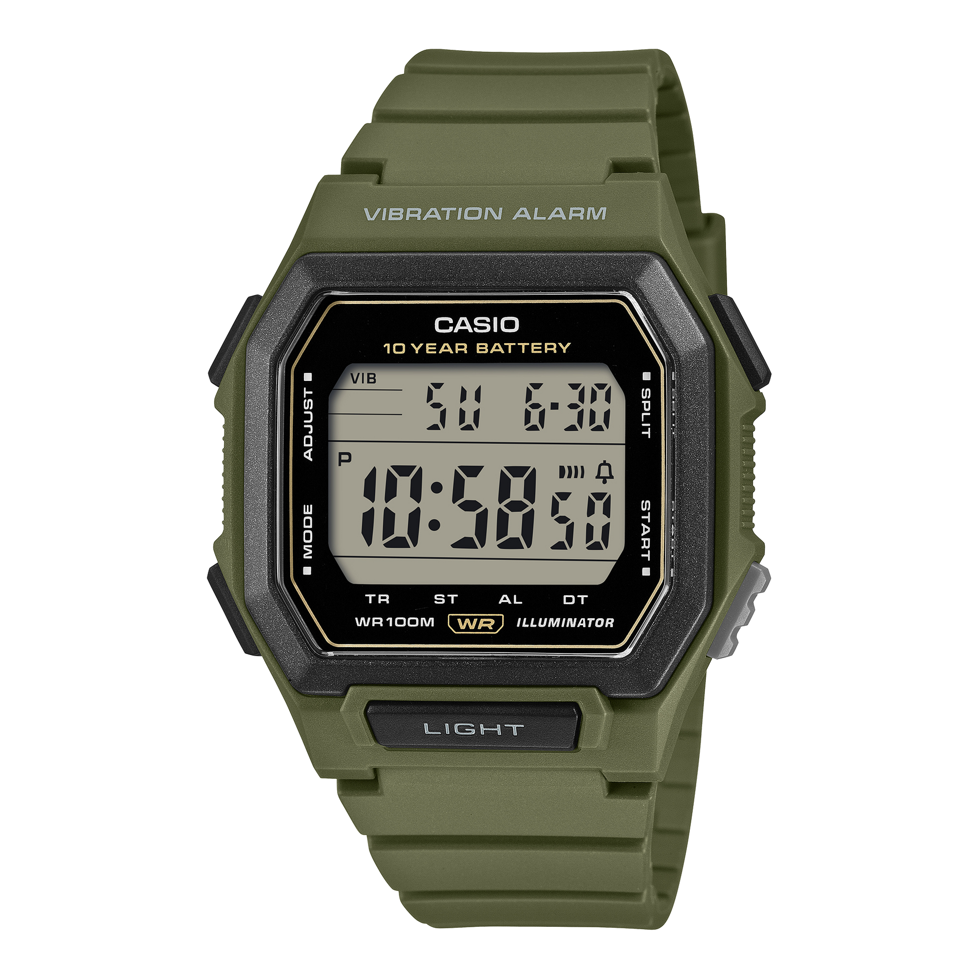 CASIO W-738H-3AVEF originale – vista frontale orologio digitale (verde oliva, cassa quadrata)
