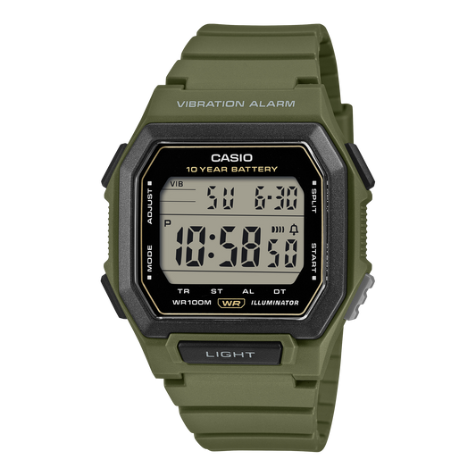 CASIO W-738H-3AVEF originale – vista frontale orologio digitale (verde oliva, cassa quadrata)