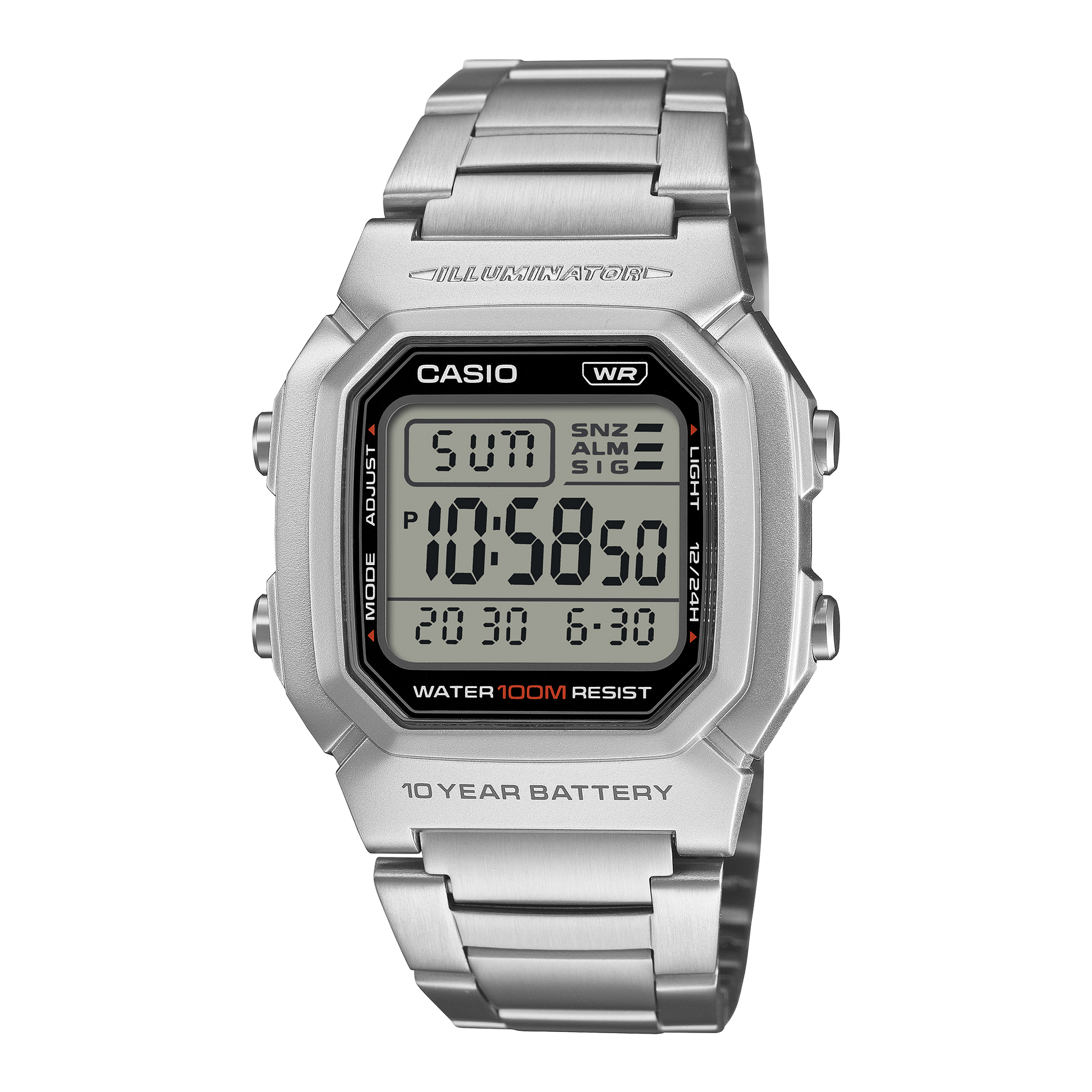 CASIO W-800HD-1AVEF originale – vista frontale orologio digitale (argento, bracciale acciaio)