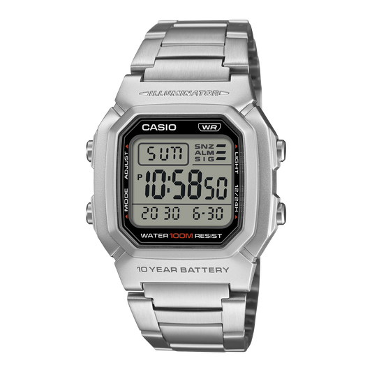 CASIO W-800HD-1AVEF originale – vista frontale orologio digitale (argento, bracciale acciaio)