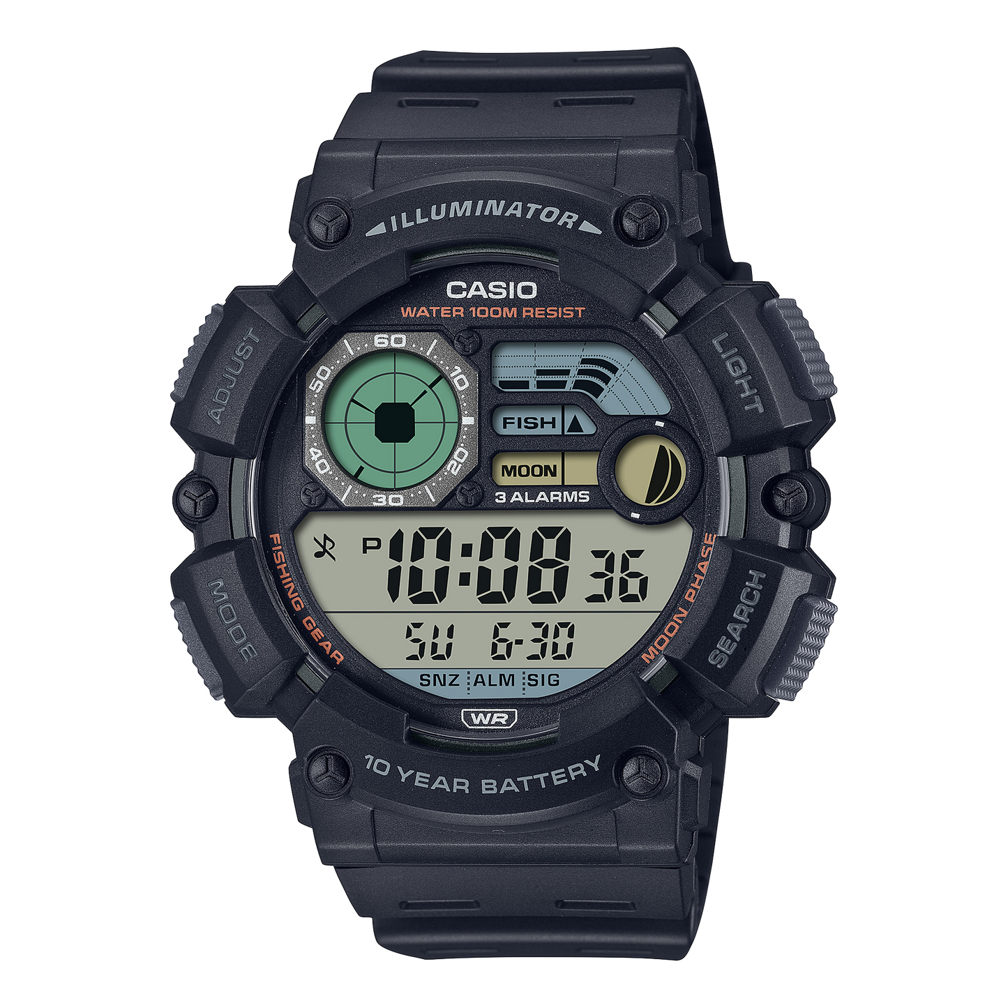 CASIO WS-1500H-1AVEF originale – vista frontale orologio digitale (antracite, fasi lunari, livello pescosità)