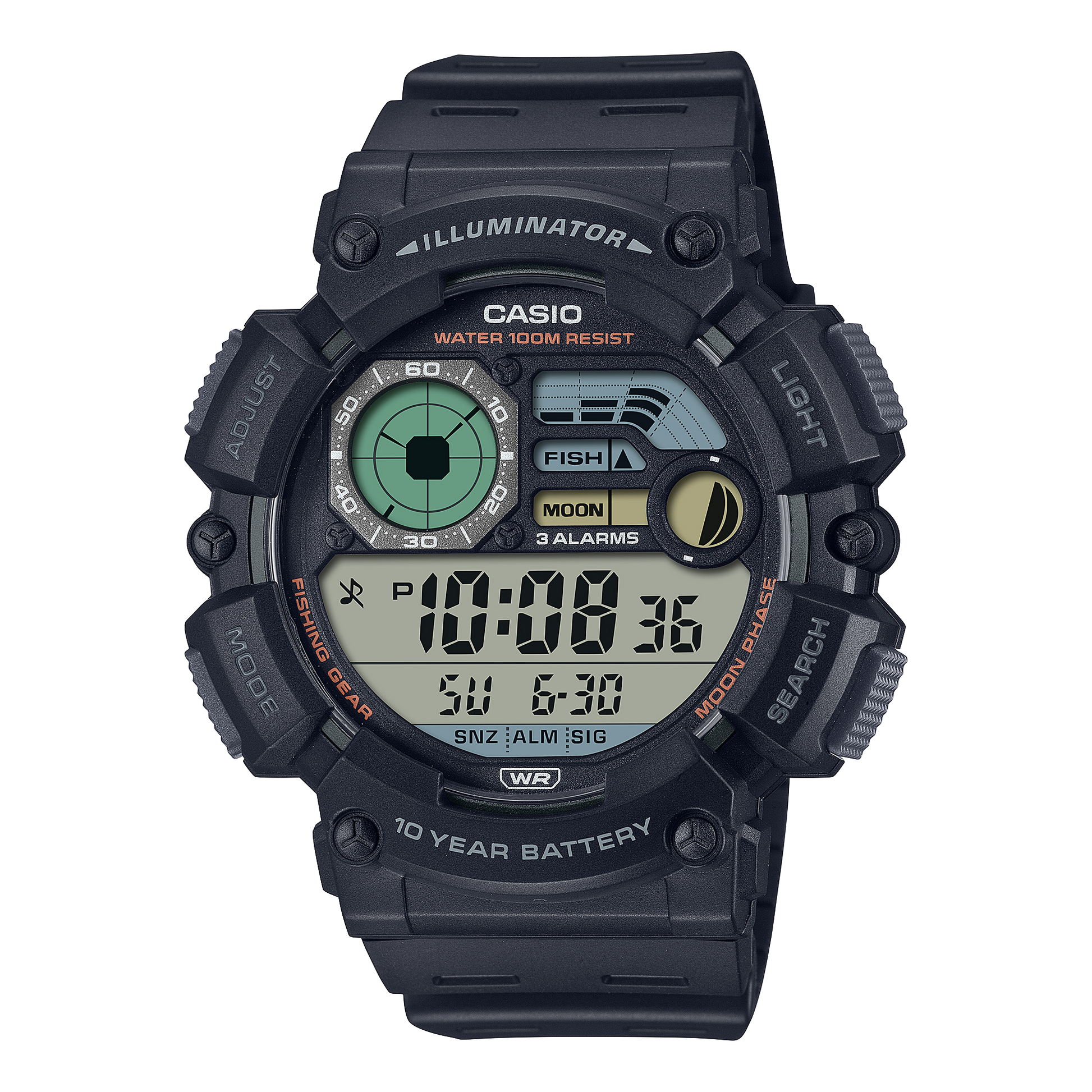 CASIO WS-1500H-1AVEF originale – vista frontale orologio digitale (antracite, fasi lunari, livello pescosità)