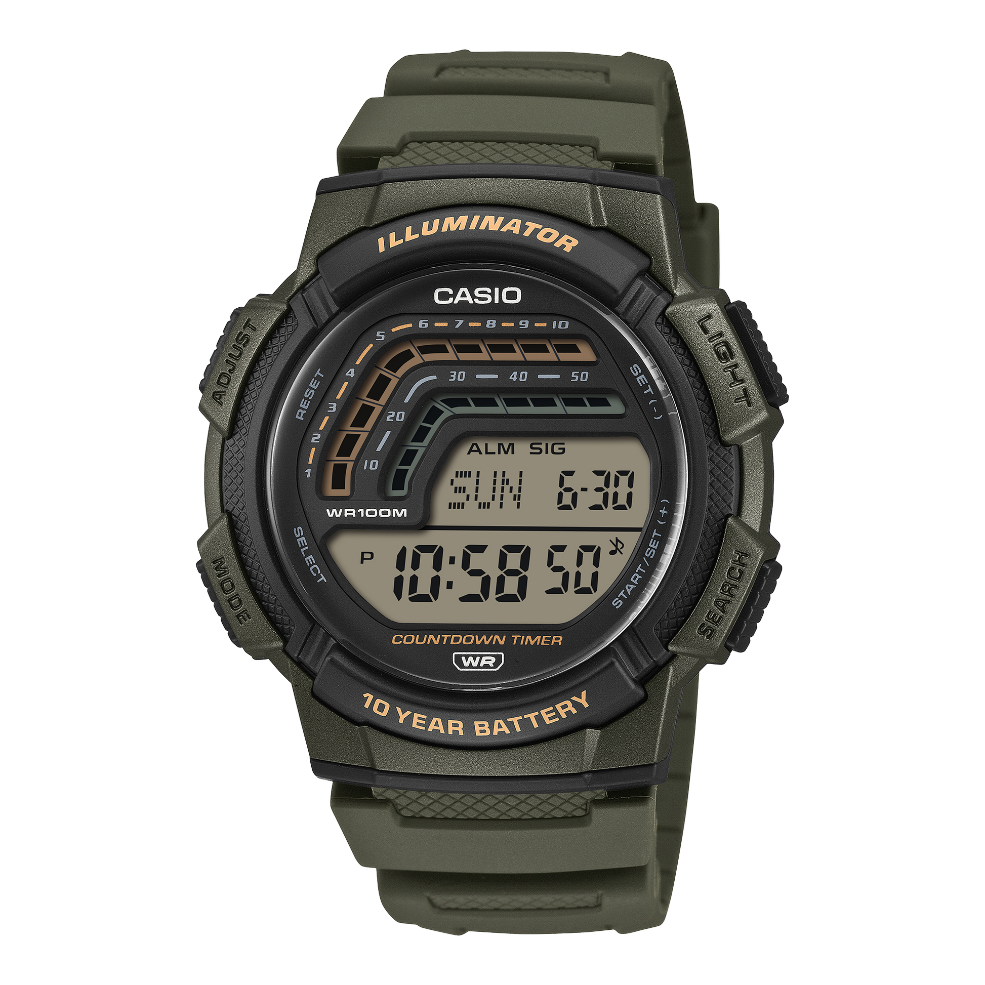 CASIO WS-1800-3AVEF originale – vista frontale orologio digitale (verde, display grafico countdown)