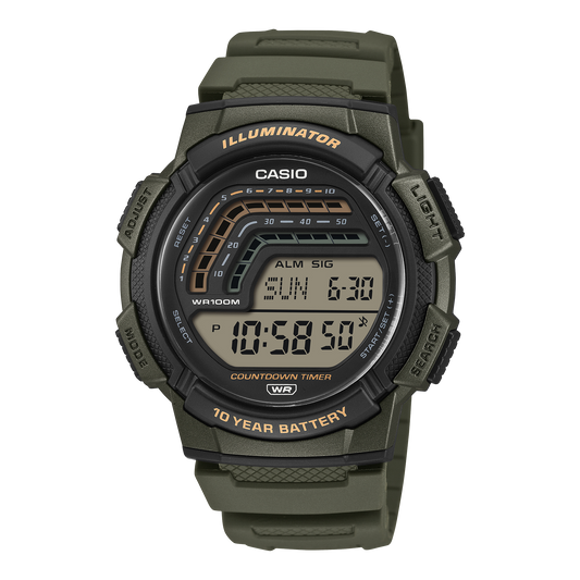 CASIO WS-1800-3AVEF originale – vista frontale orologio digitale (verde, display grafico countdown)