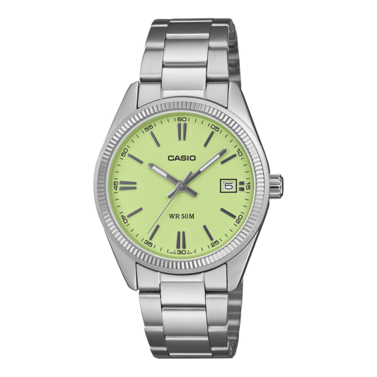 CASIO UTP-1302PD-3A2VEF originale – vista frontale orologio unisex (acciaio, quadrante verde menta, datario)