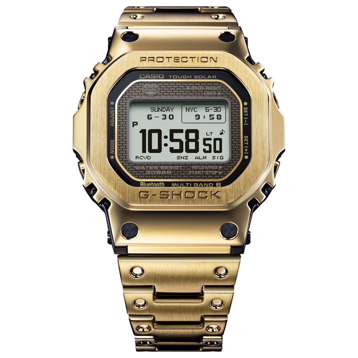 CASIO G-SHOCK GMW-BZ5000GD-9ER originale – vista frontale gold con motivo a mattoni iconico (serie 5000)