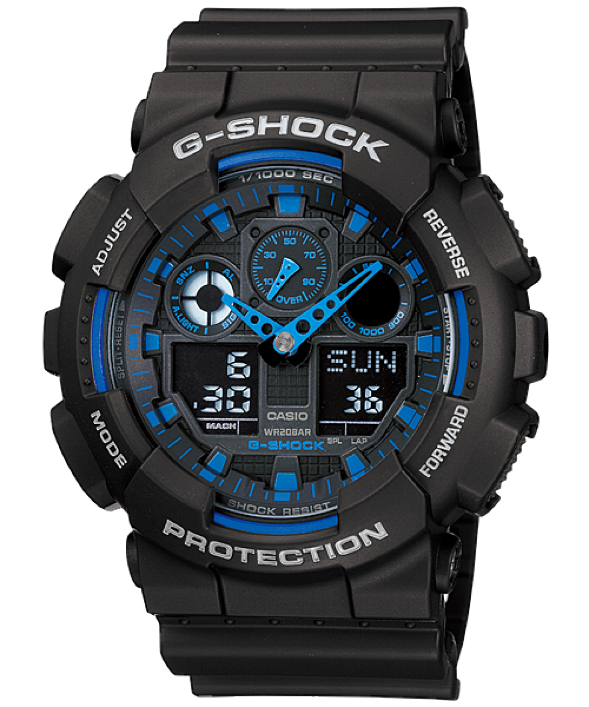 CASIO G-SHOCK GA-100-1A2ER originale – vista frontale (200m, analogico-digitale, antiurto)