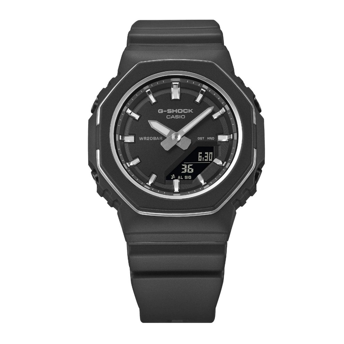 CASIO G-SHOCK GMA-P2110-1AER originale – vista frontale quadrante analogico-digitale (Shock Resist, 200m, Neobrite, street style)