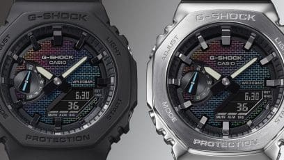 CASIO G-SHOCK GA-2100RW-1AER originale – dettaglio quadrante brick wall (rainbow pattern, 200m, analogico-digitale)