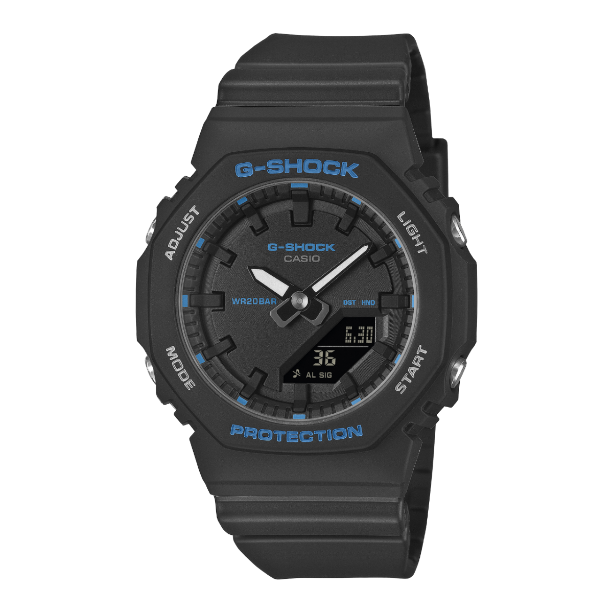 CASIO G-SHOCK GMA-P2100BA-1AER originale – vista frontale orologio uomo ottagonale compatto nero con accenti blu (resina biobased)