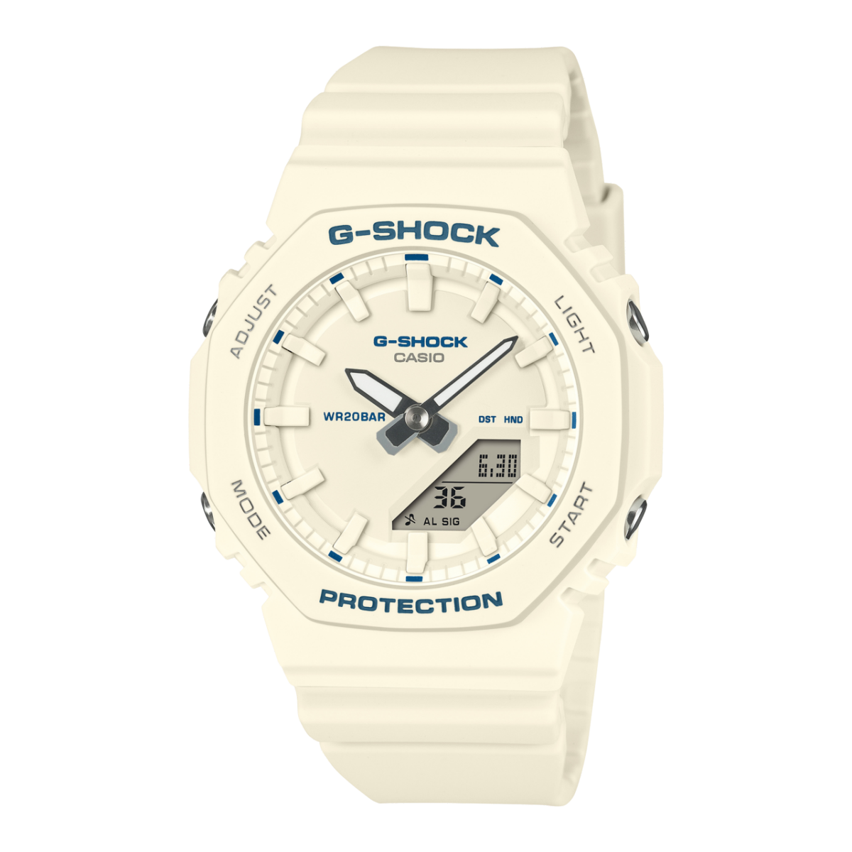 CASIO G-SHOCK GMA-P2100BA-7AER originale – vista frontale orologio uomo ottagonale compatto bianco avorio con dettagli blu (resina biobased)