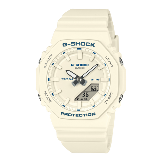 CASIO G-SHOCK GMA-P2100BA-7AER originale – vista frontale orologio uomo ottagonale compatto bianco avorio con dettagli blu (resina biobased)