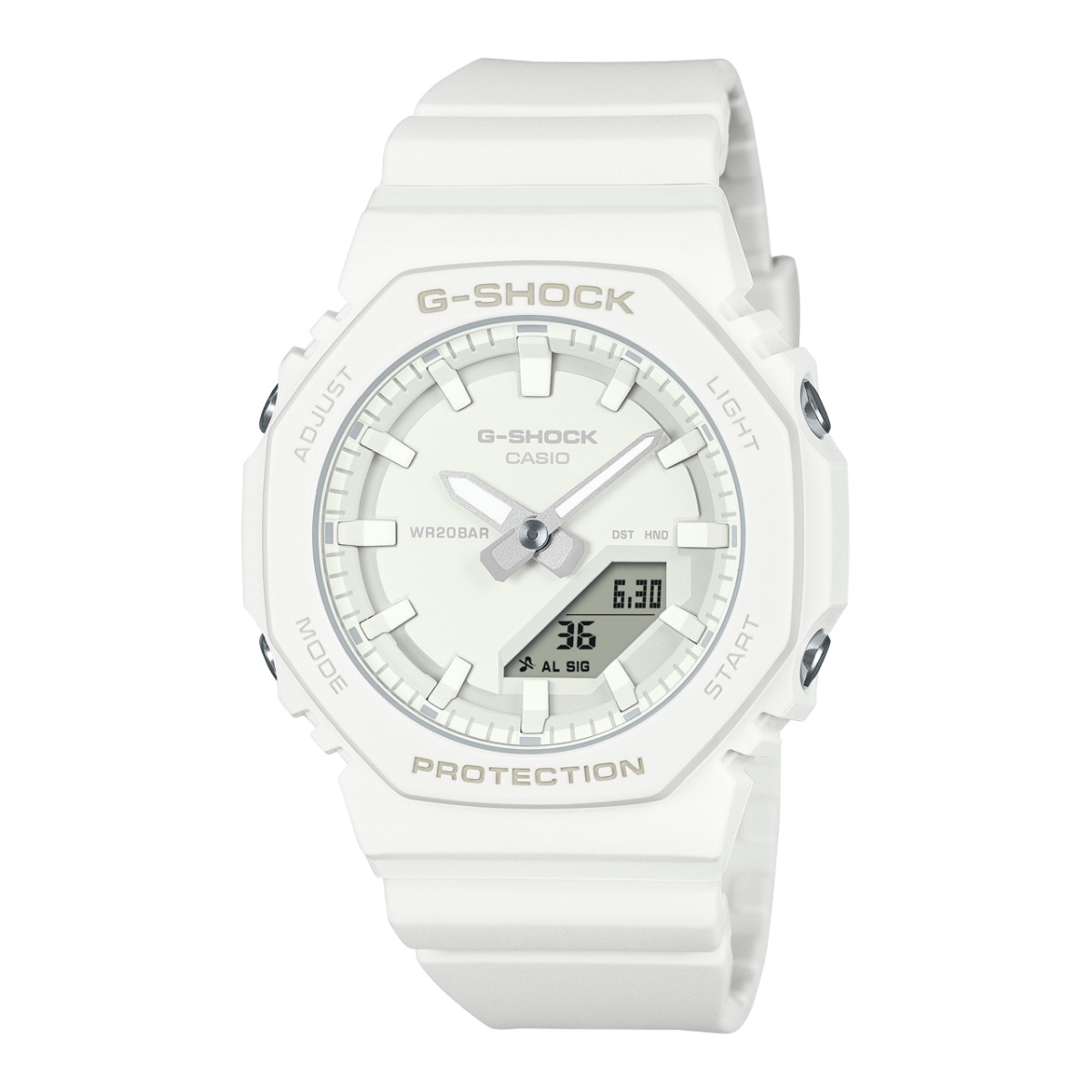 CASIO G-SHOCK GMA-P2100-7AER originale – vista frontale orologio uomo ottagonale compatto bianco (resina biobased)