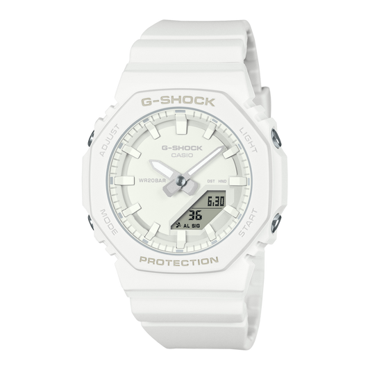 CASIO G-SHOCK GMA-P2100-7AER originale – vista frontale orologio uomo ottagonale compatto bianco (resina biobased)