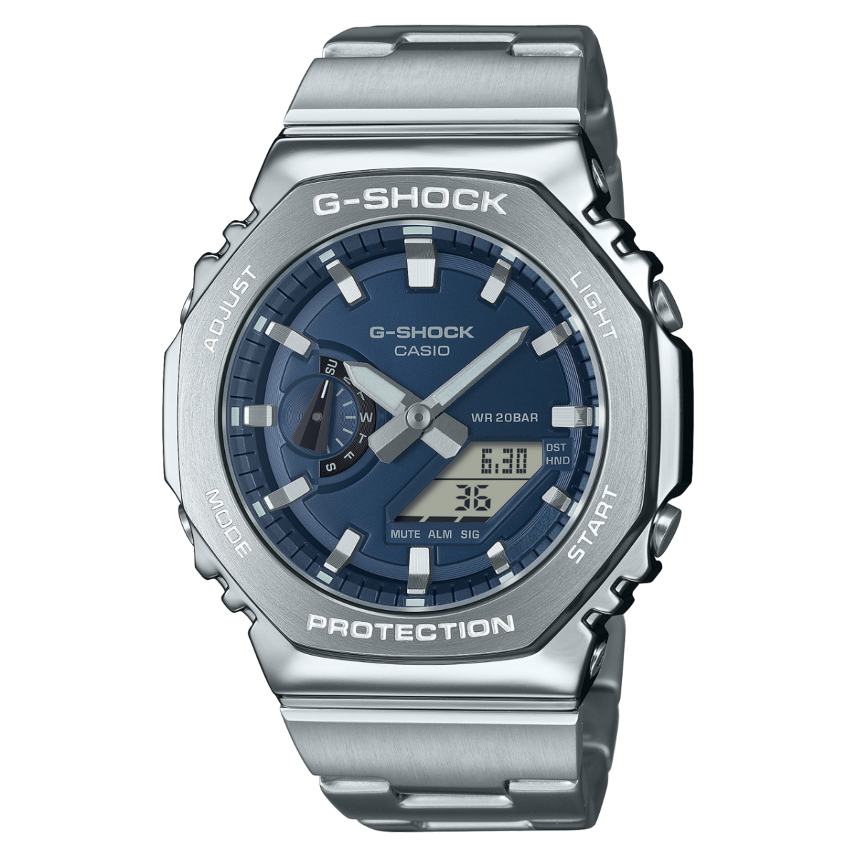 CASIO G-SHOCK GM-2110D-2BER originale – vista frontale orologio uomo (lunetta e bracciale in acciaio, antiurto, impermeabile 20 bar)
