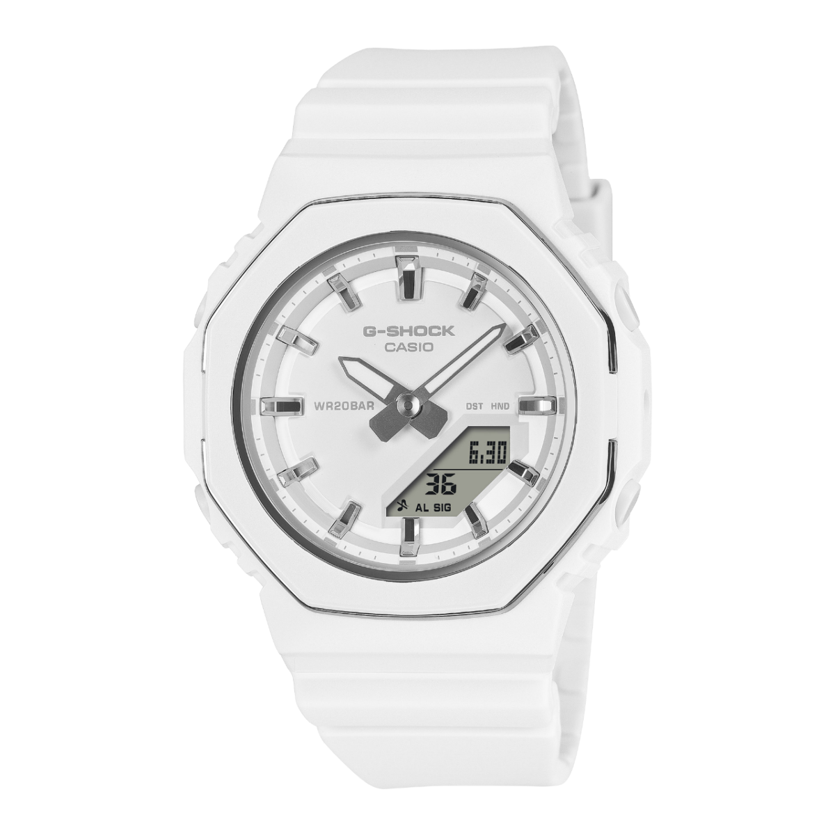 CASIO G-SHOCK GMA-P2110-7AER originale – vista frontale bianco con dettagli argento (Shock Resist, 200m, Neobrite)