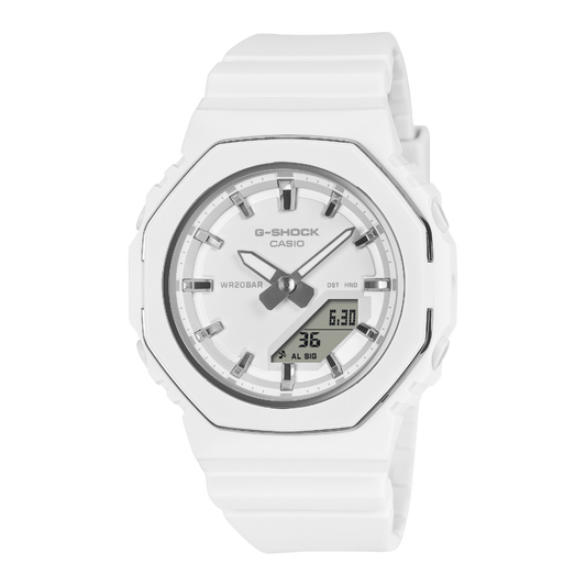 CASIO G-SHOCK GMA-P2110-7AER originale – vista frontale bianco con dettagli argento (Shock Resist, 200m, Neobrite)